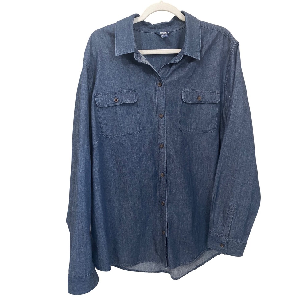 Chaps Womens 2XL Blue Denim Chambray Long Sleeve Button‎ Up Shirt Classic